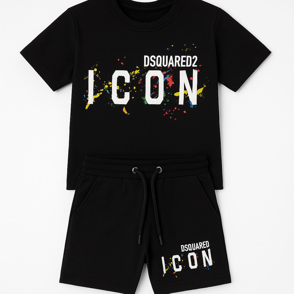 Set Copii DSQUARED2 Tricou și Pantaloni Scurți “ICON” cu Print Color Splash