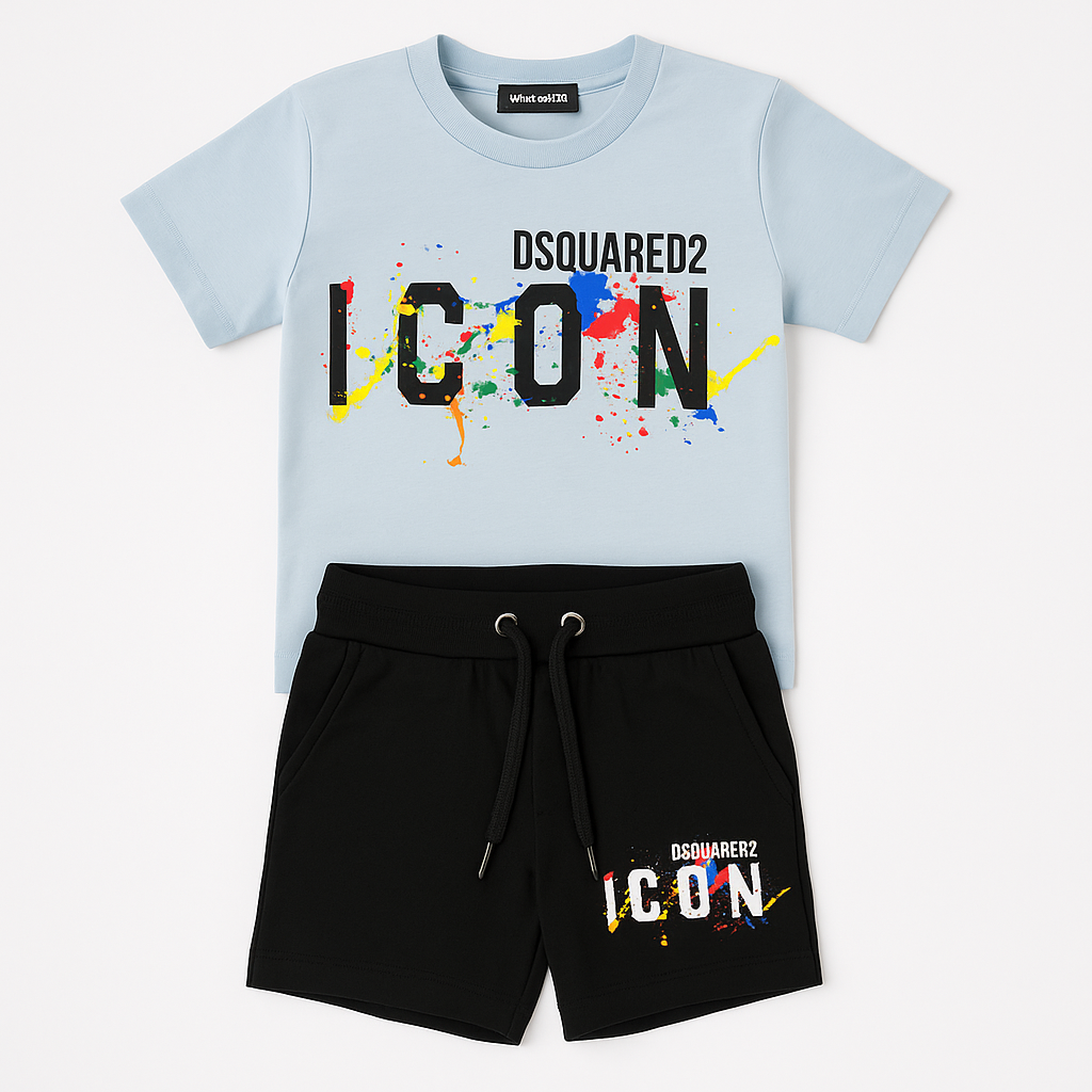 Set Copii DSQUARED2 Tricou și Pantaloni Scurți “ICON” cu Print Color Splash