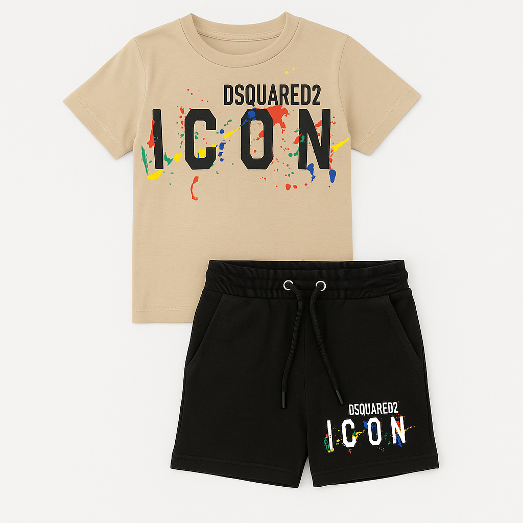 Set Copii DSQUARED2 Tricou și Pantaloni Scurți “ICON” cu Print Color Splash