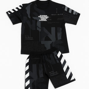 Compleu Negru Streetwear – Tricou & Pantaloni Scurți cu Print Grafic