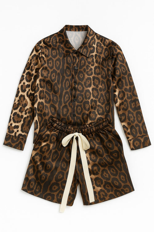 Compleu Satinat Leopard – Cămașă și Pantaloni Scurți
